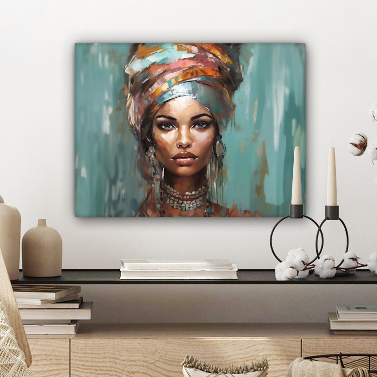 LEINWANDBILD Frau - Kunst - Schmuck - Porträt Wandbild 40x30 cm - Blaugrau, Textil (40/30cm) - MuchoWow