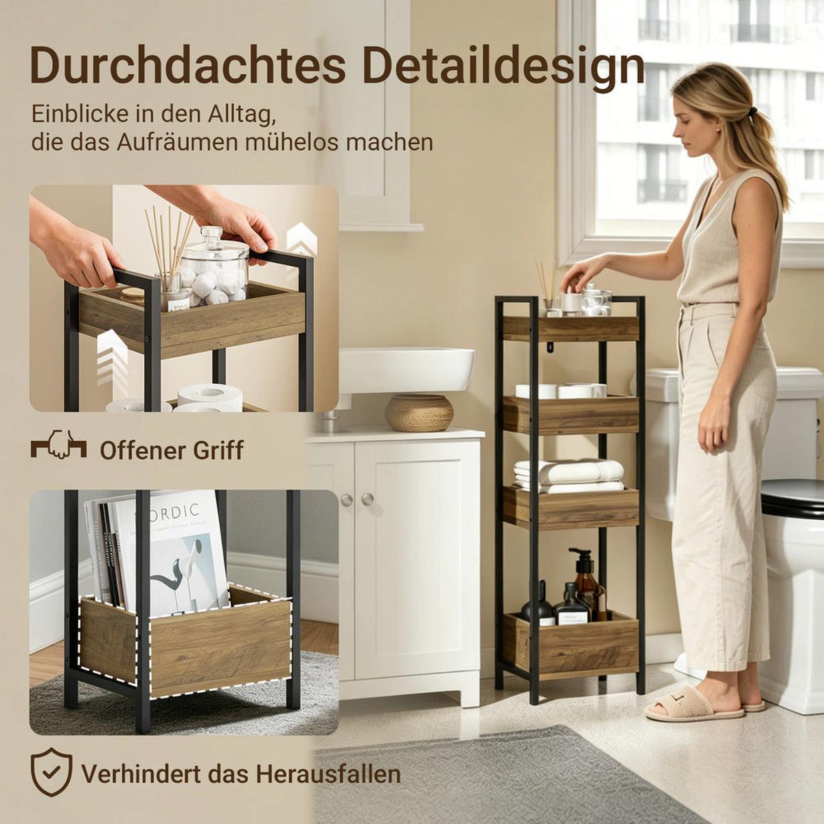 BADEZIMMERSCHRANK mit 4 Regalen, Schmal Industrial Design - Braun, Holzwerkstoff/Metall (90/20/28cm) - SoBuy