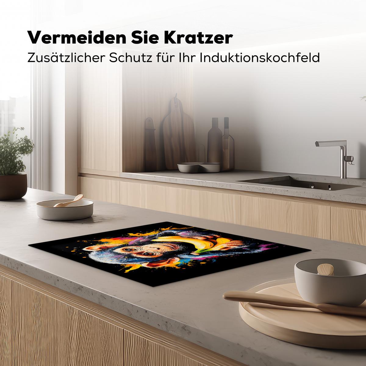 HERDABDECKPLATTE Affe - Graffiti - Farbenfroh - Bananen - Modern Herdabdeckung Induktionsfeld 65x52 cm - Gelb, Kunststoff (65/52/0.2cm) - MuchoWow