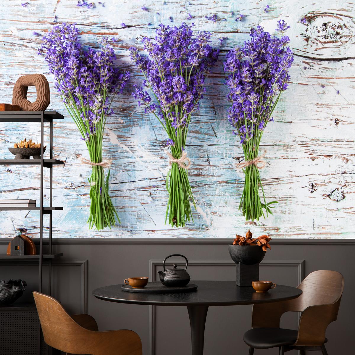 FOTOTAPETE für Küche Lavendelblüten Lila Holz Rustikal 300x210 - Violett/Weiß, Papier (300/210cm) - Muralo