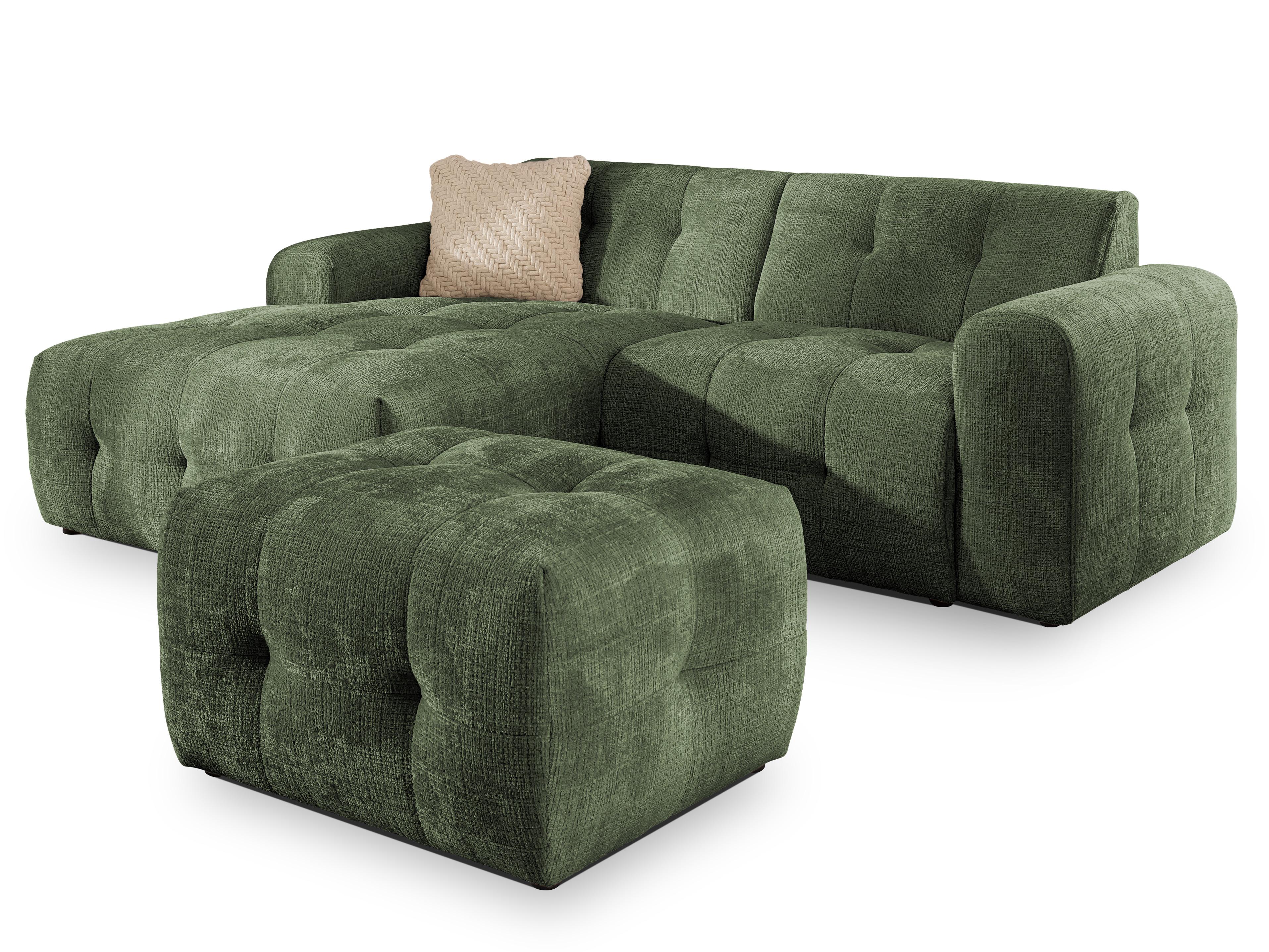 ECKSOFA inkl. Hocker Kozy im Bumpy-Design mit Schlaffunktion und fester Rückenlehne aus weichem Grün Chenille-Stoff - Ottomane links - Schwarz/Grün, Holz/Kunststoff (161/234cm) - S-Style Möbel