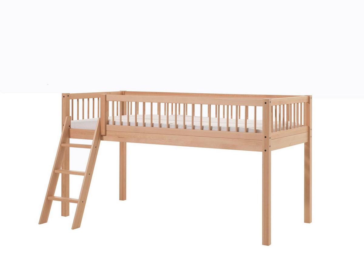 HALBHOHES BETT Kelci 90x200 Textilset Dino Buche Massivholz natur - Buchefarben, Holz (90/200cm) - 58aufmkessel