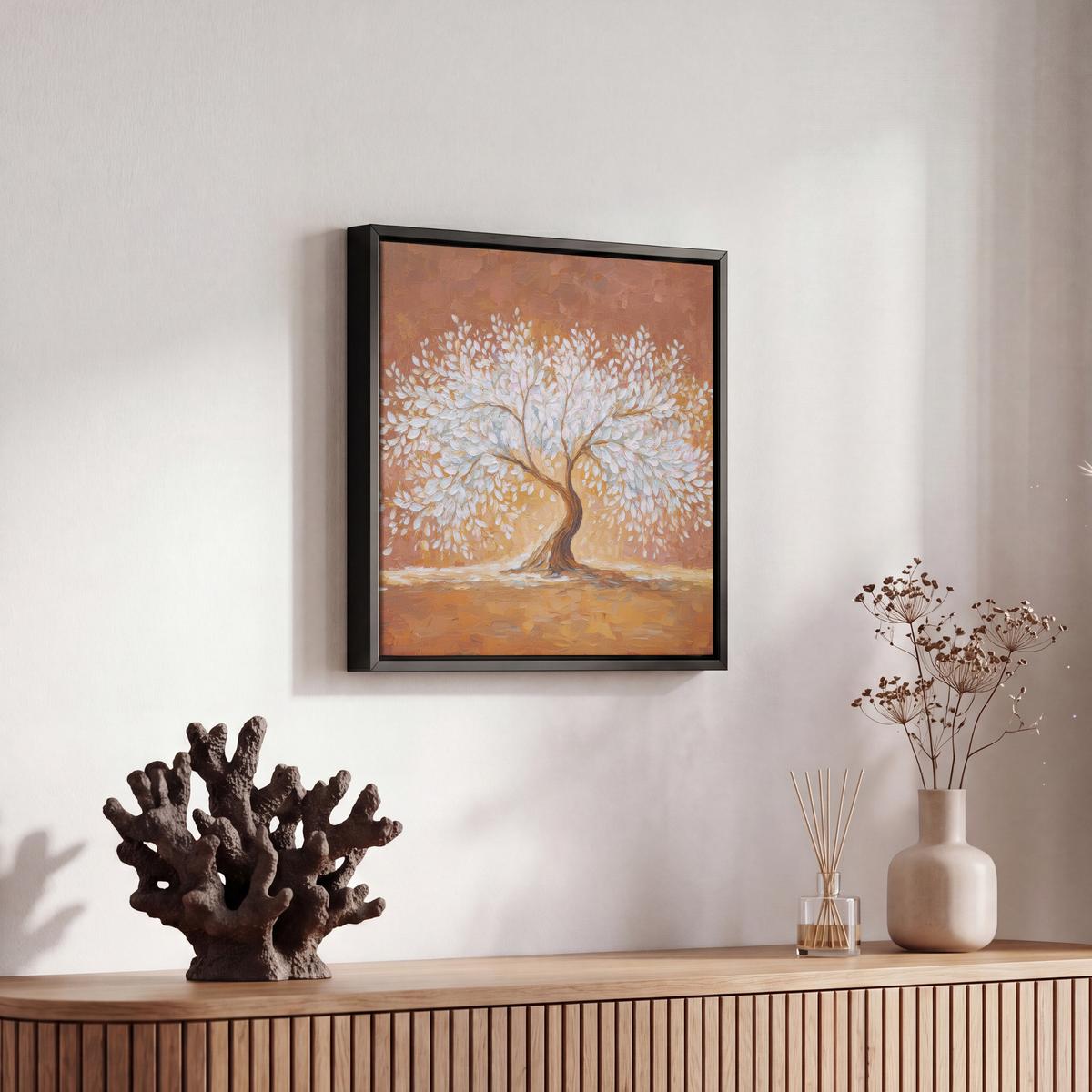 LEINWAND Bilder mit Rahmen - Abstrakt - Baum - Weiß - Blätter - 20x20 - Braun, Textil (20/20cm) - MuchoWow