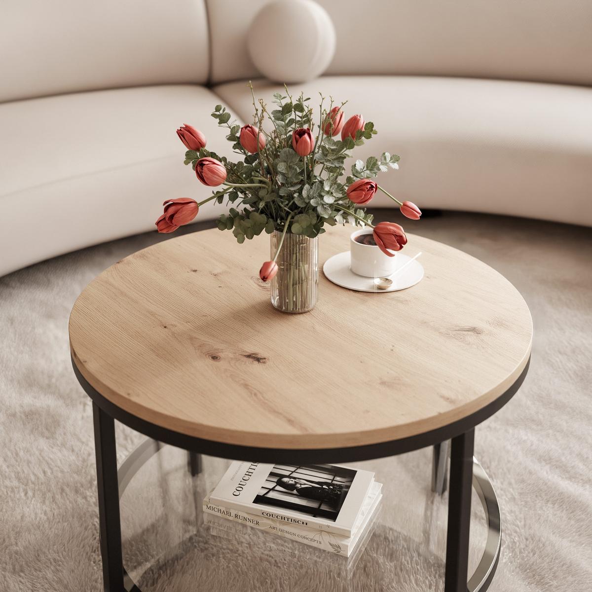 COUCHTISCH CANDY 60/42 cm runden, Schwarz / Artisan-Eiche - Schwarz/Eiche Artisan, Glas/Metall (60/60/42cm) - Idohome