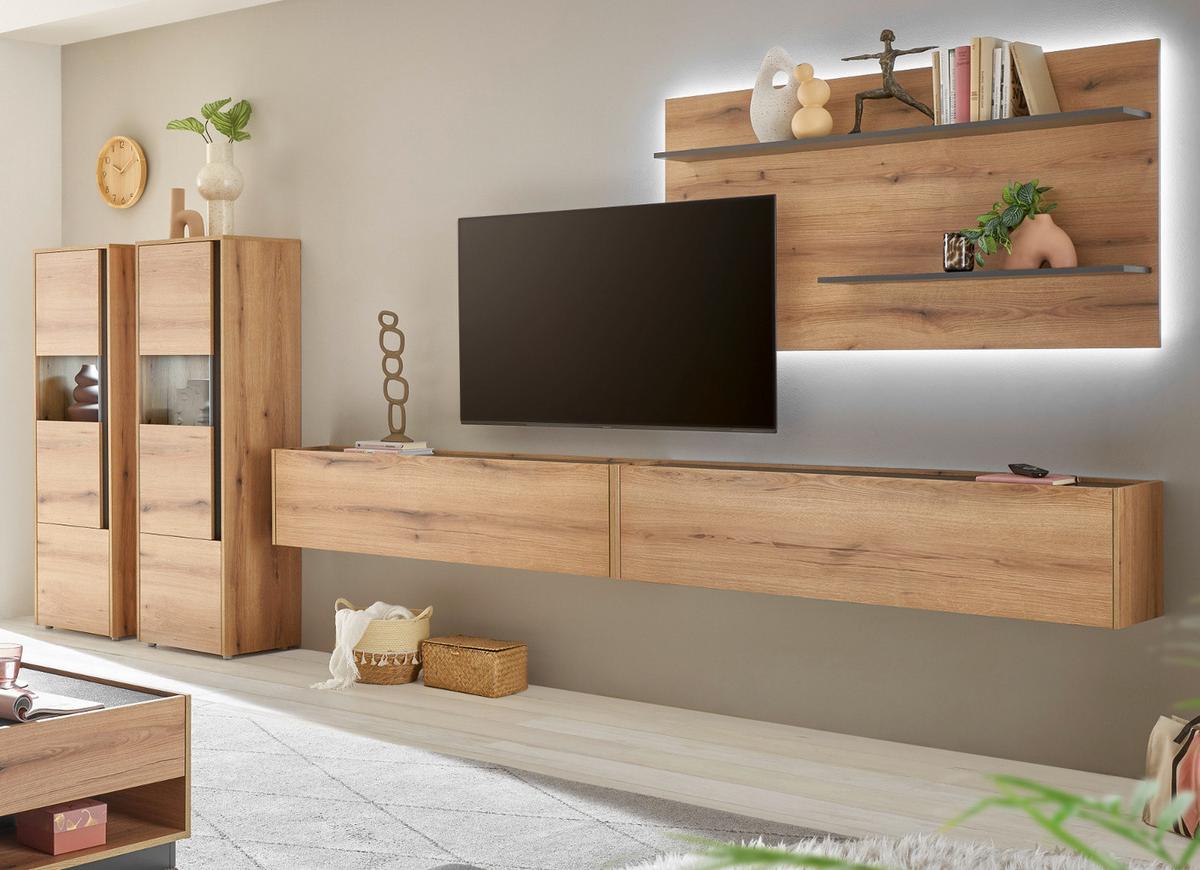 WOHNWAND Evoke Eiche, grau, Wohnkombination Set 5-teilig mit XXL-TV-Schrank, 440 cm - Eichefarben/Grau, Glas/Holz (440/180/40cm) - Furn.Design