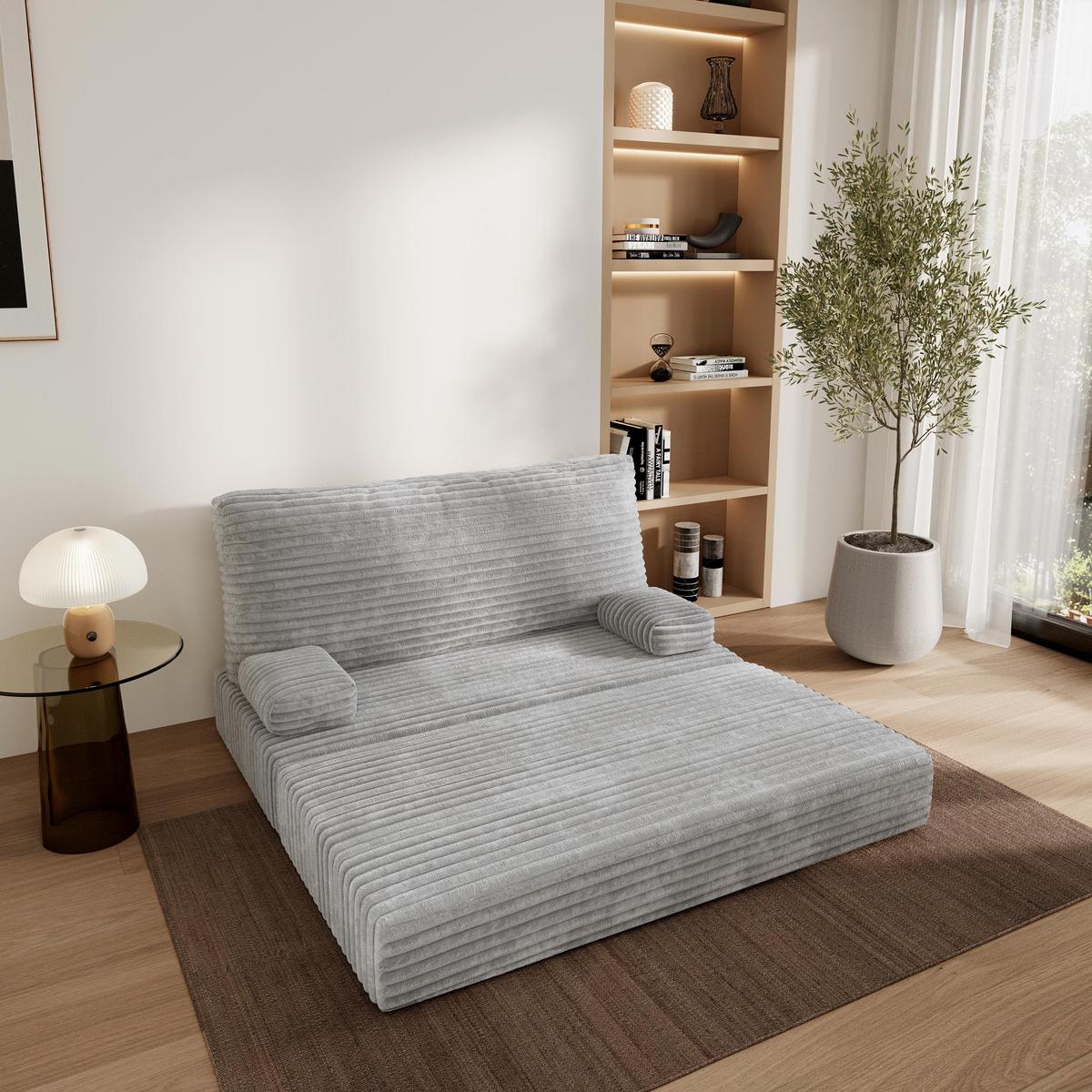 BETTSOFA LADIA aus Schaumstoff Kordstoff Hellgrau Schlaffunktion - Grau, Textil (140/86/60cm) - MASSENO