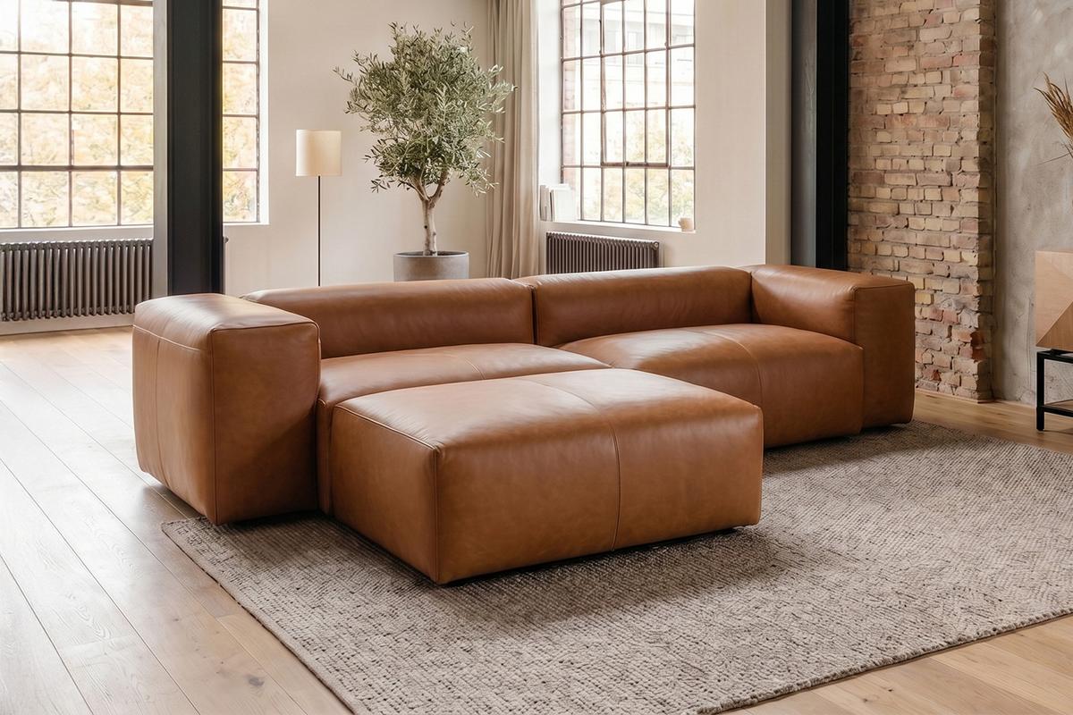 SOFA CELESTE Braun Leder - Schwarz/Braun, Leder/Kunststoff (302/114cm) - KAWOLA