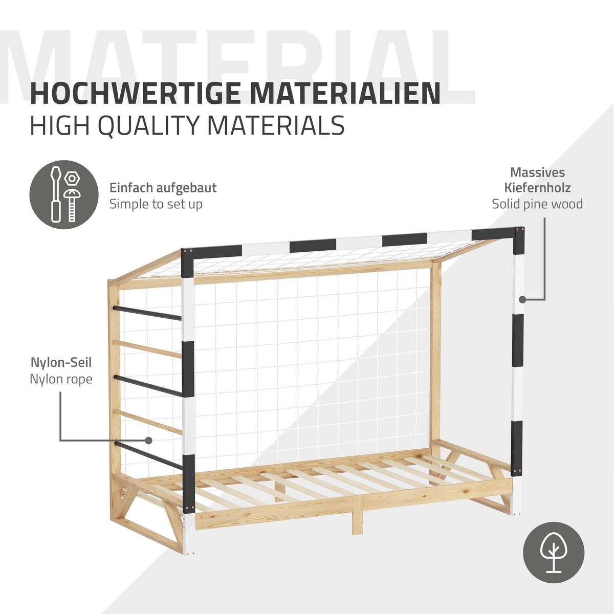 KINDERBETT Fußballtor 90x200 cm Schwarz-Weiß - Hellbraun, Holz (90/200cm) - ML-DESIGN
