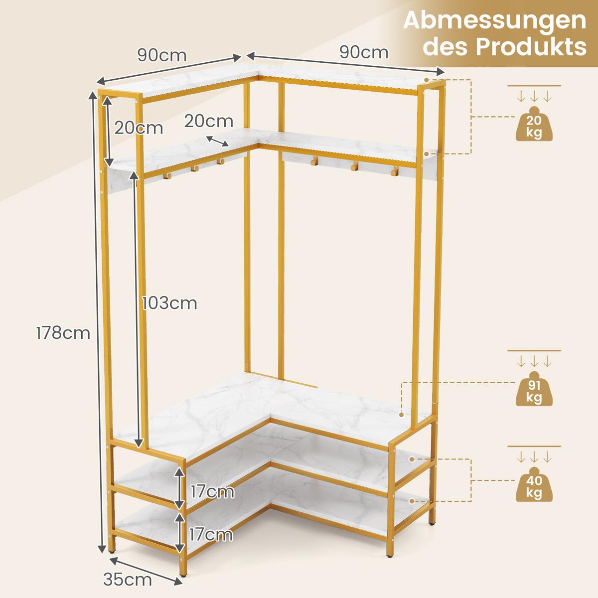 ECK-GARDEROBENSTÄNDER Weiß - Weiß, Metall (90/178/90cm) - COSTWAY