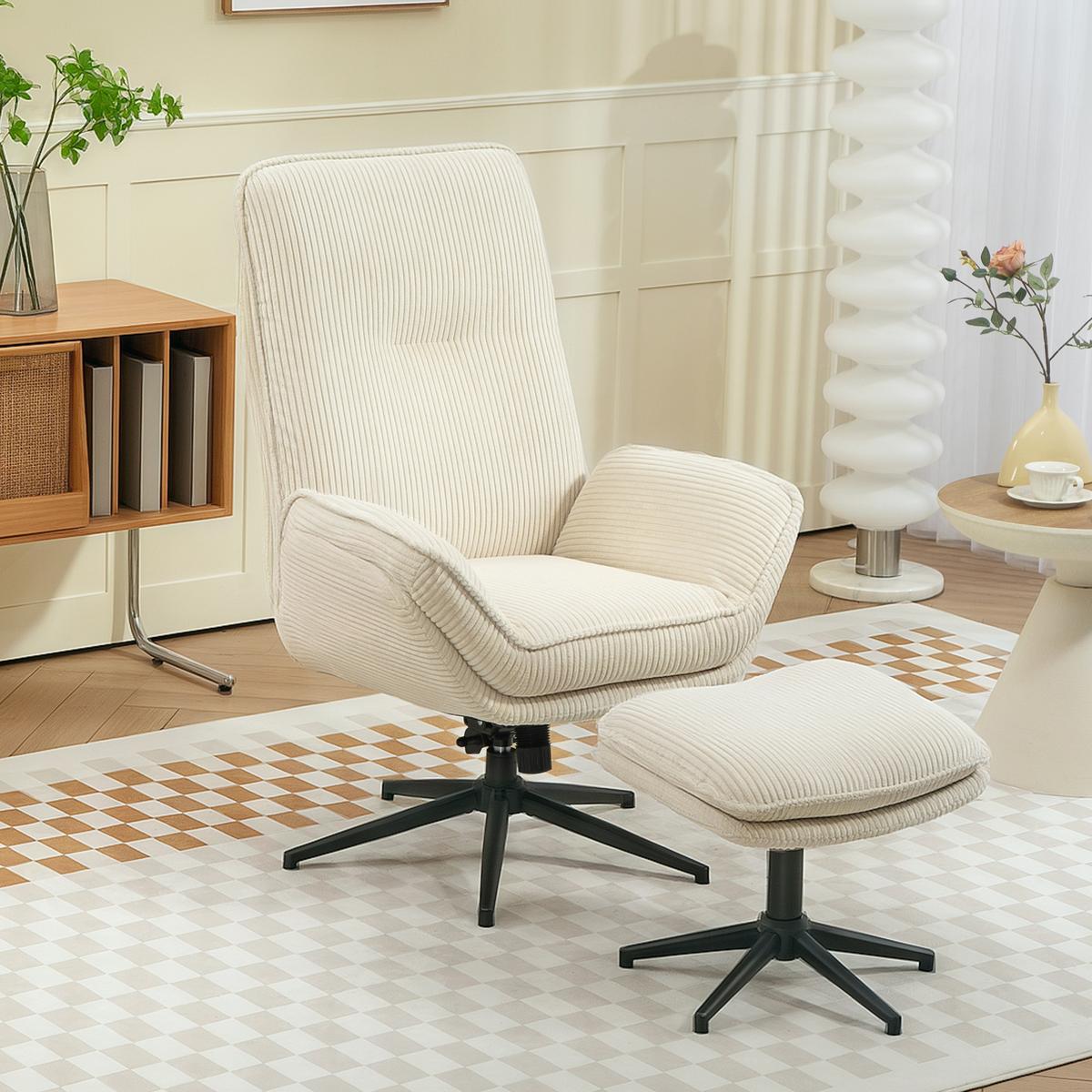 RELAXSESSEL mit Hocker 360°Drehbarer Fernsehsessel mit Liegefunktion, Cord Beige - Beige/Schwarz, Textil/Metall (72/107/83cm) - HOMCOM