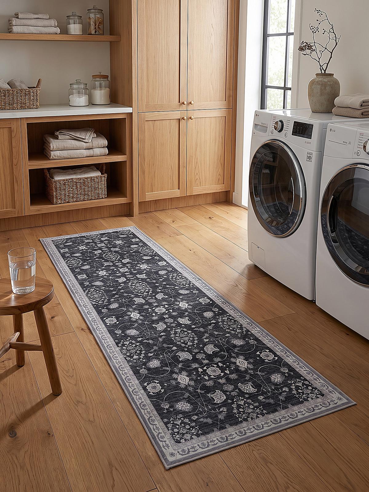 LÄUFER waschbar, mit floralen Ornamenten, VERNANTE in Schwarz-Creme-Grau, 80 x 150 cm - Schwarz, Textil (80/150cm) - KADIMA DESIGN