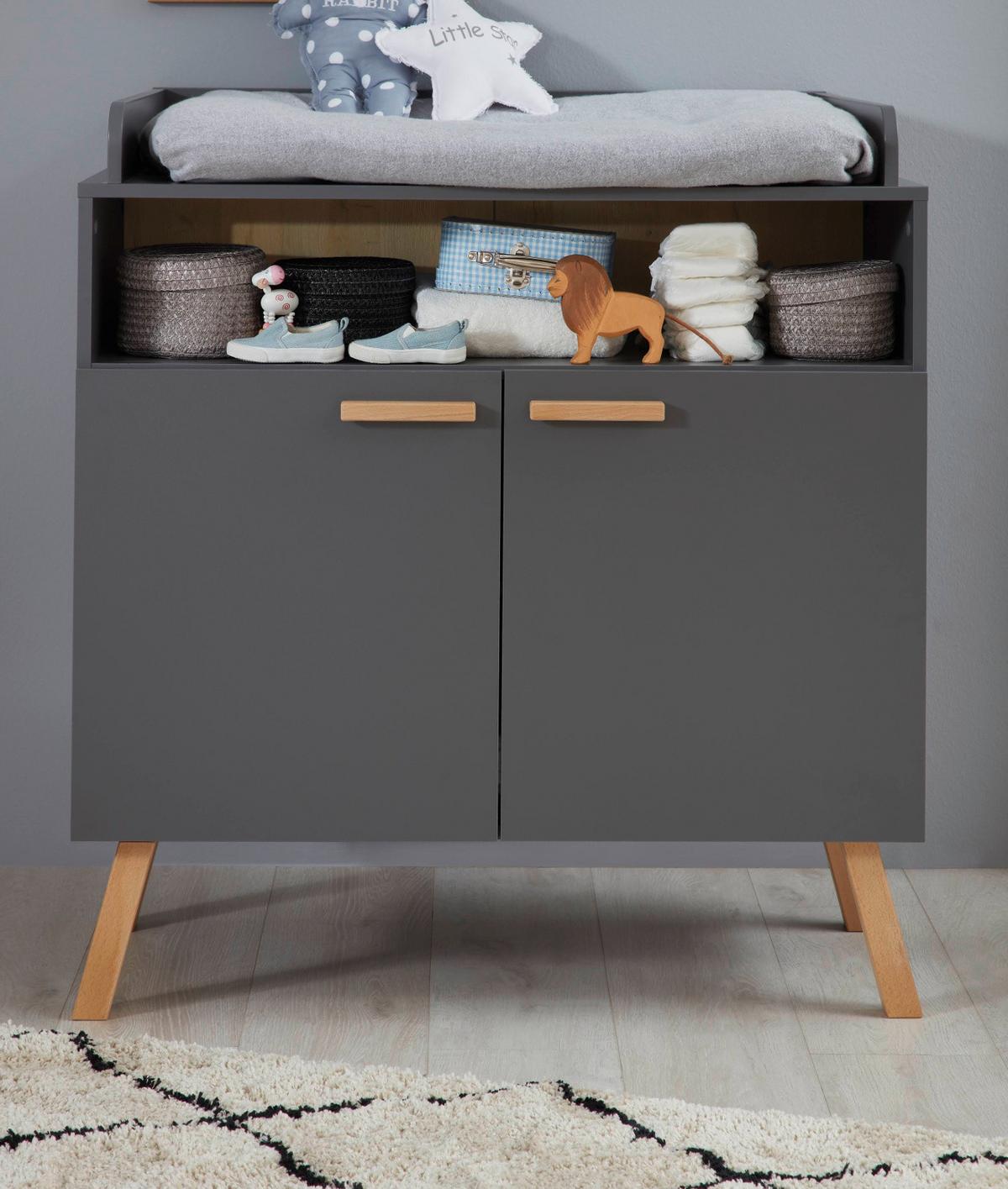 WICKELKOMMODE grau matt mit Buche massiv, Wickeltisch 96 x 105 cm - Eichefarben/Buchefarben, Holz/Holzwerkstoff (78/105/96cm) - Top.Furn