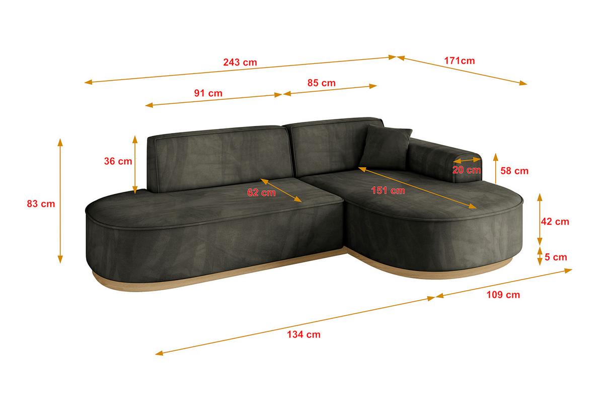 ECKSOFA Ottomane Rechts MARI-L1-v2 - 243x171x83 cm Schwarz Velours - Schwarz, Holzwerkstoff/Textil (171/243cm) - ALTDECOR