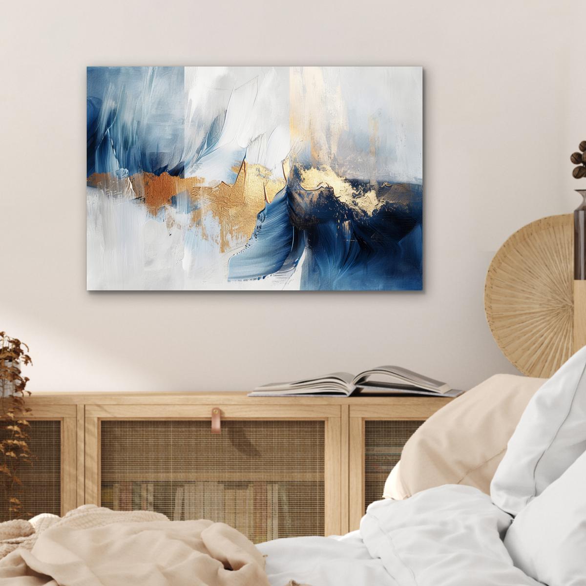 METALLBILD Gold - Blau - Aquarell - Kunst - Modern Wandbild 60x40 cm - Hellblau, Metall (60/40cm) - MuchoWow
