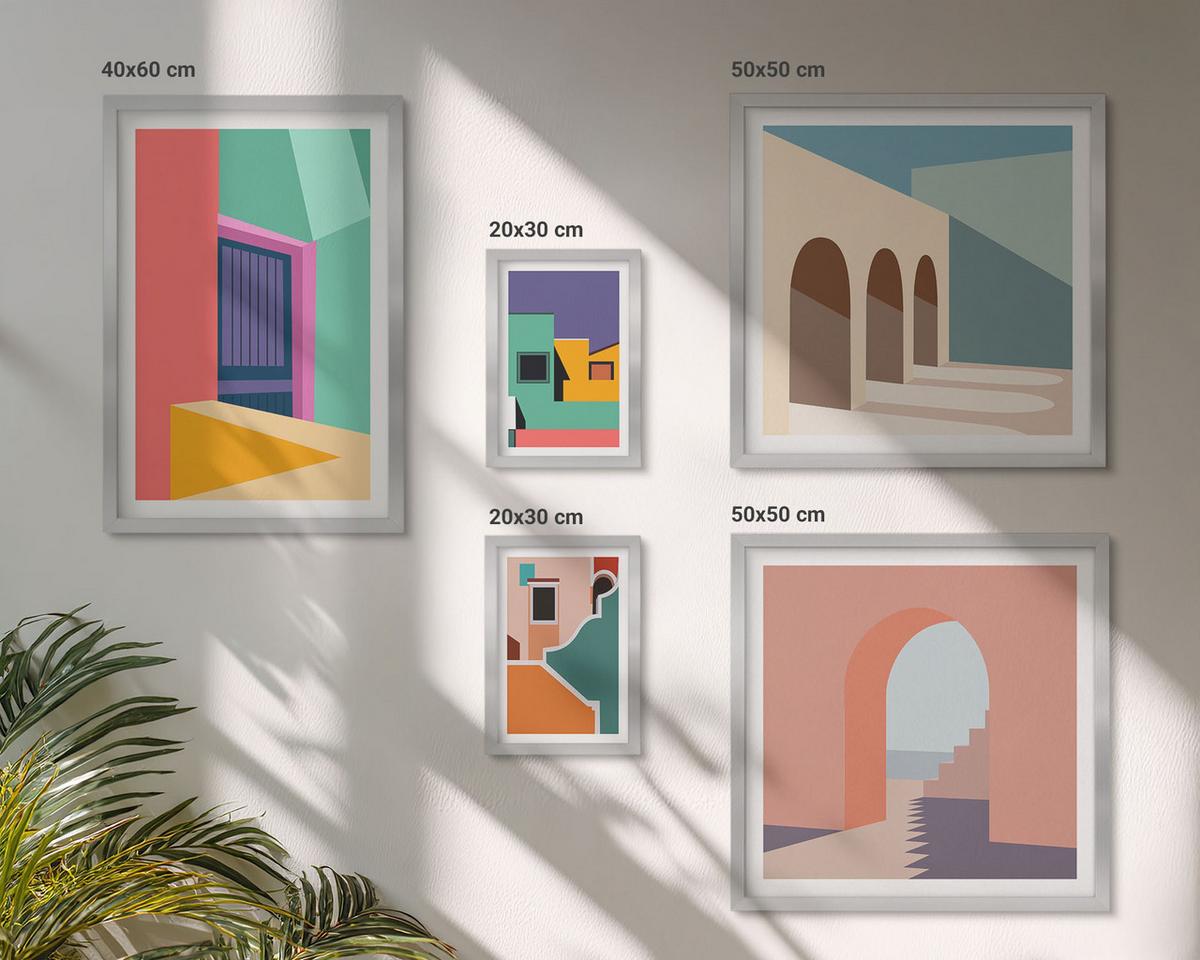 BILDER SET 5er Set - 50x50 cm & 20x30 cm & 40x60 cm Silberner Rahmen - Farbenfrohe Illustrationen der Stadt - Silberfarben, Kunststoff (40/60cm) - TULUP