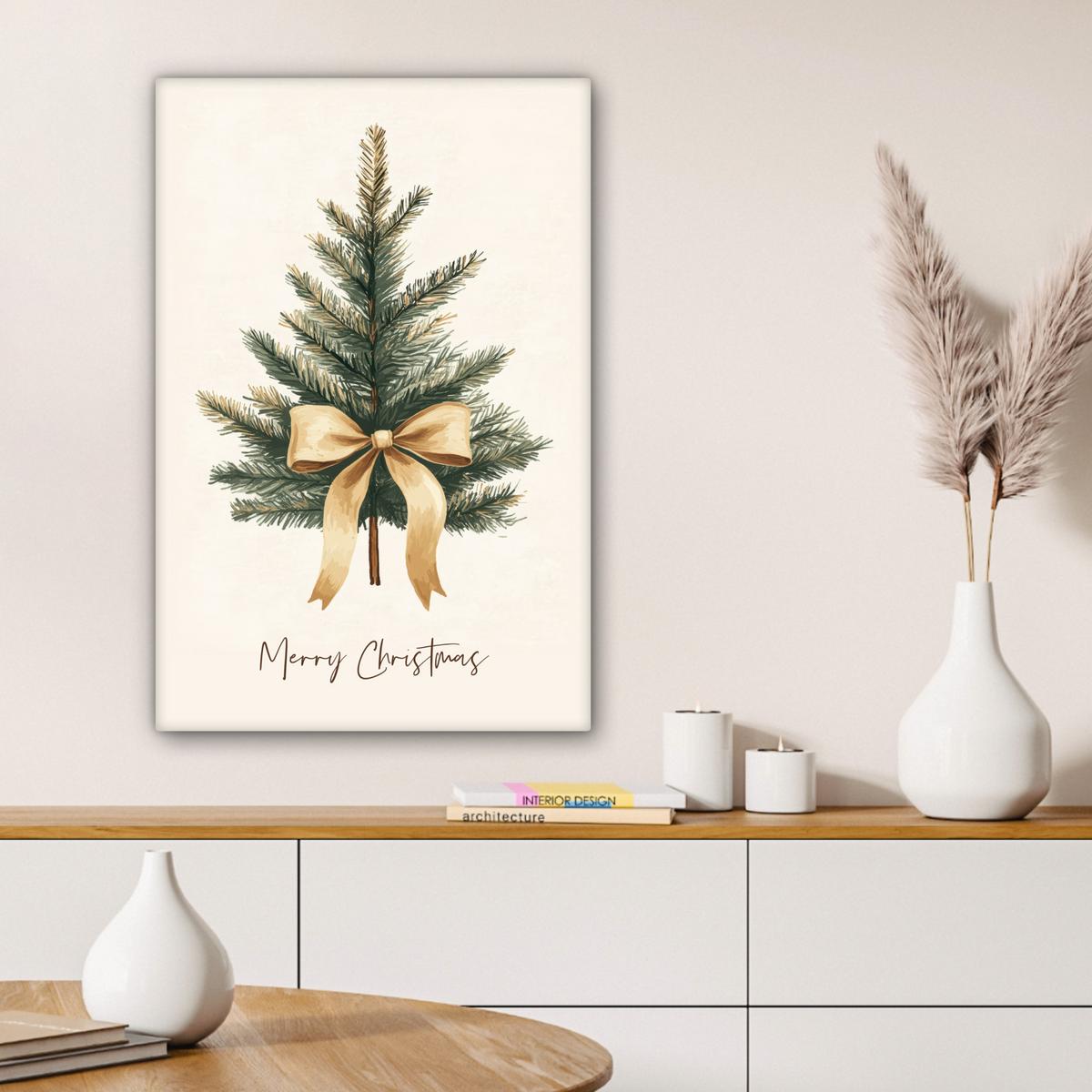 LEINWANDBILD Weihnachtsbaum - Weihnachten - Frohe Weihnachten - Beige Wanddeko Schlafzimmer 60x90 cm - Sandfarben, Textil (60/90cm) - MuchoWow