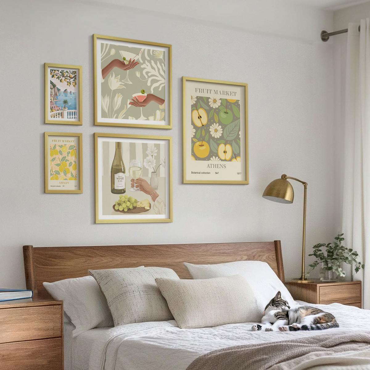 BILDER SET 5er Set - 50x50 cm & 20x30 cm & 40x60 cm Goldrahmen - Vintage-Poster mit Fruchtmustern - Goldfarben, Kunststoff (40/60cm) - TULUP
