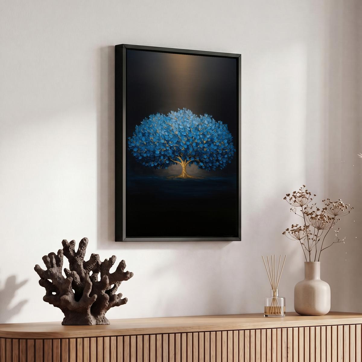 LEINWAND Bilder mit Rahmen - Baum - Blau - Blätter - Pinselstriche - 20x30 - Blau, Textil (20/30cm) - MuchoWow