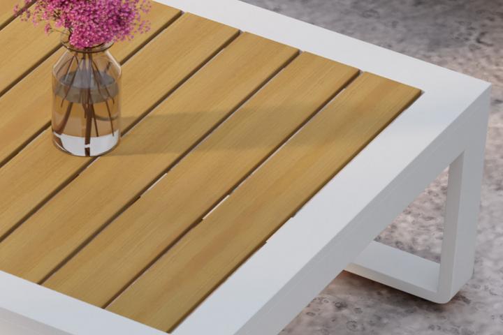 Loungetisch Aluminiumc creme Tischplatte kunststoff teakfarbe holzlatten optik