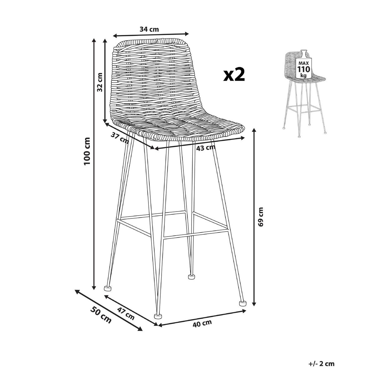 BARHOCKER 2er-Set Rattan Braun Cassita - Schwarz/Braun, Holz (43/100/50cm) - Beliani