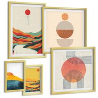 BILDER SET 5er Set - 50x50 cm & 20x30 cm & 40x60 cm Goldrahmen - Abstrakte Berglandschaften - Goldfarben, Kunststoff (40/60cm) - TULUP