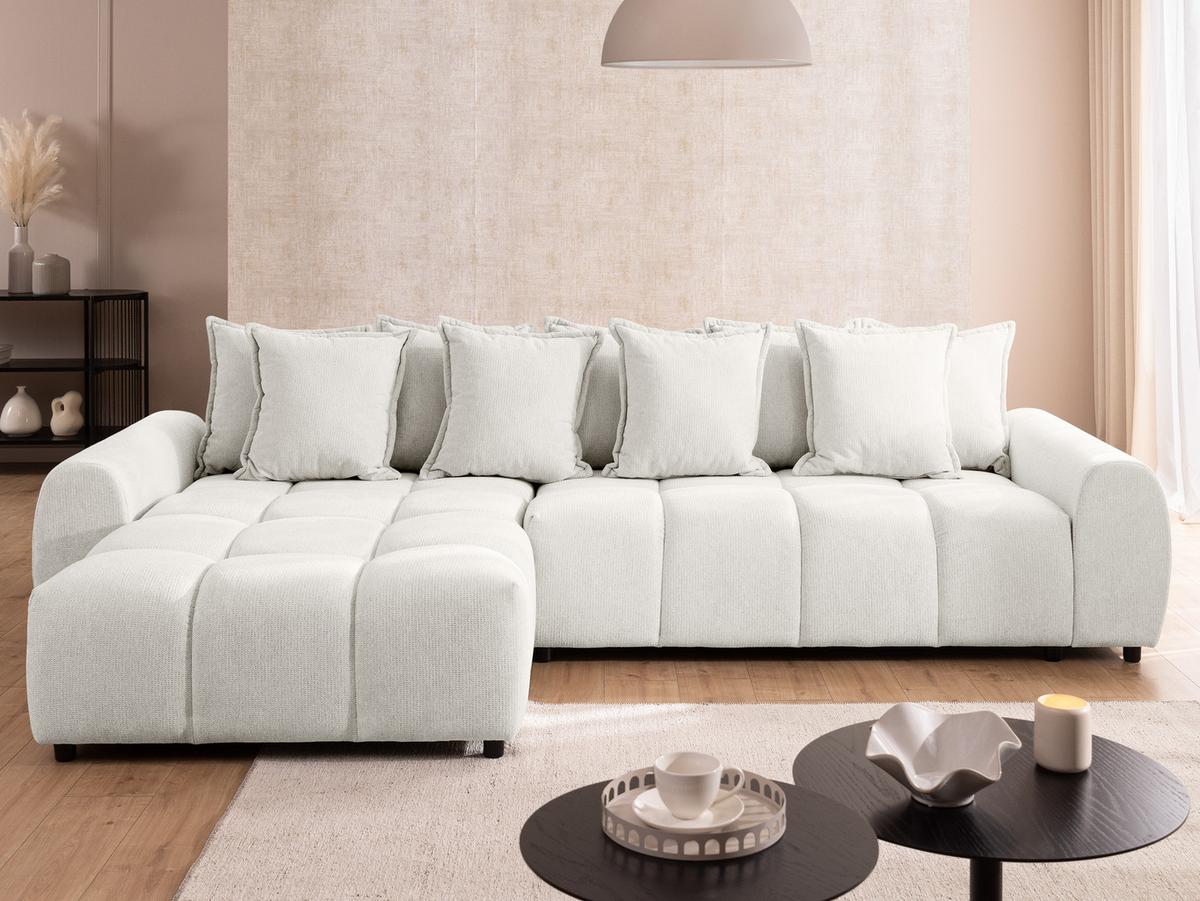 ECKSOFA Bubble mit losen Rückenkissen und Sitzfläche in Bubble-Optik aus weichem Creme Strukturstoff mit schöner Sitzkomfort - Ottomane links - Creme/Schwarz, Holz/Kunststoff (180/306cm) - S-Style Möbel
