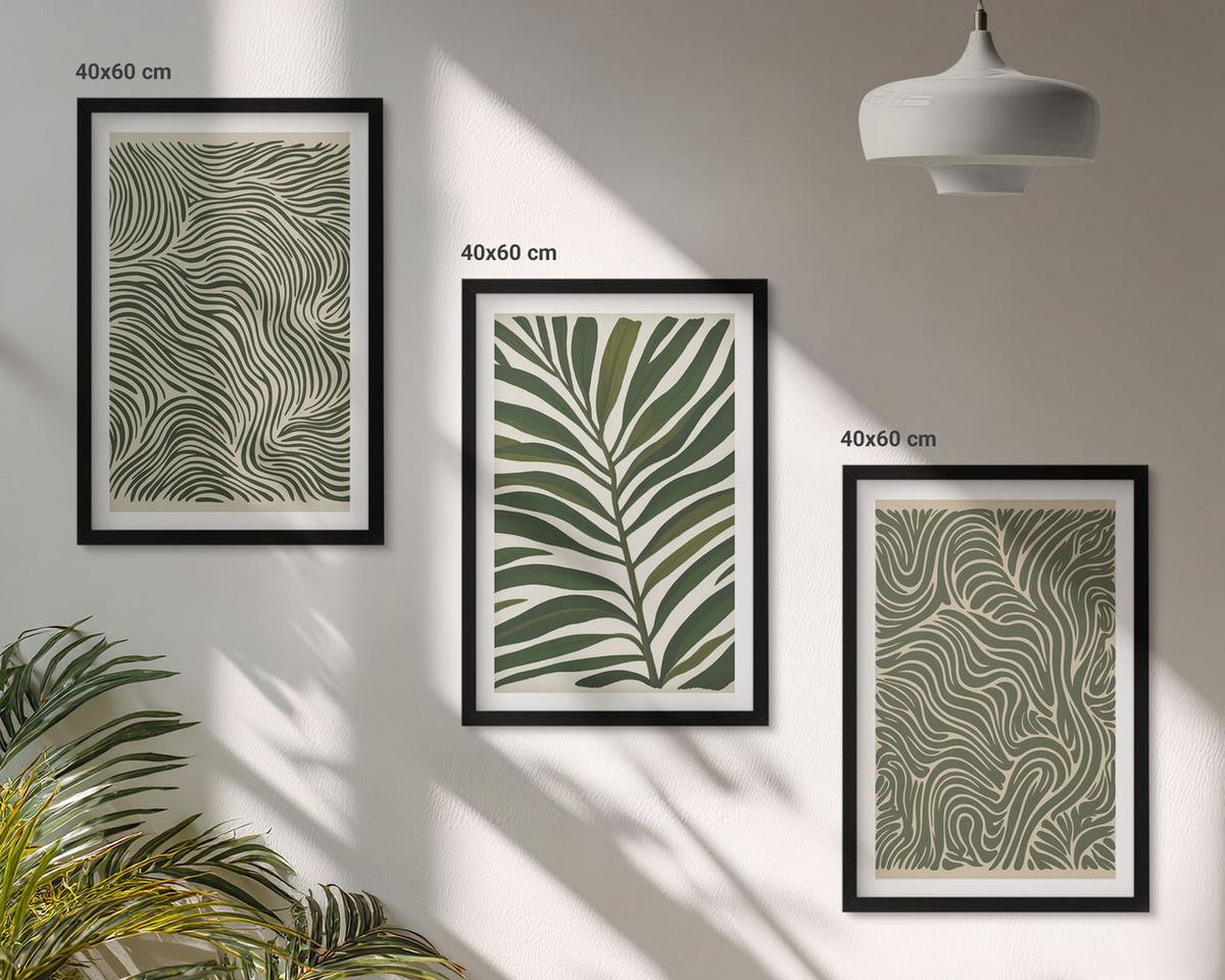 BILDER SET 3er Set - 40x60 cm Schwarzer Rahmen - Blattmuster wellenförmige Formen - Schwarz, Kunststoff (40/60cm) - TULUP