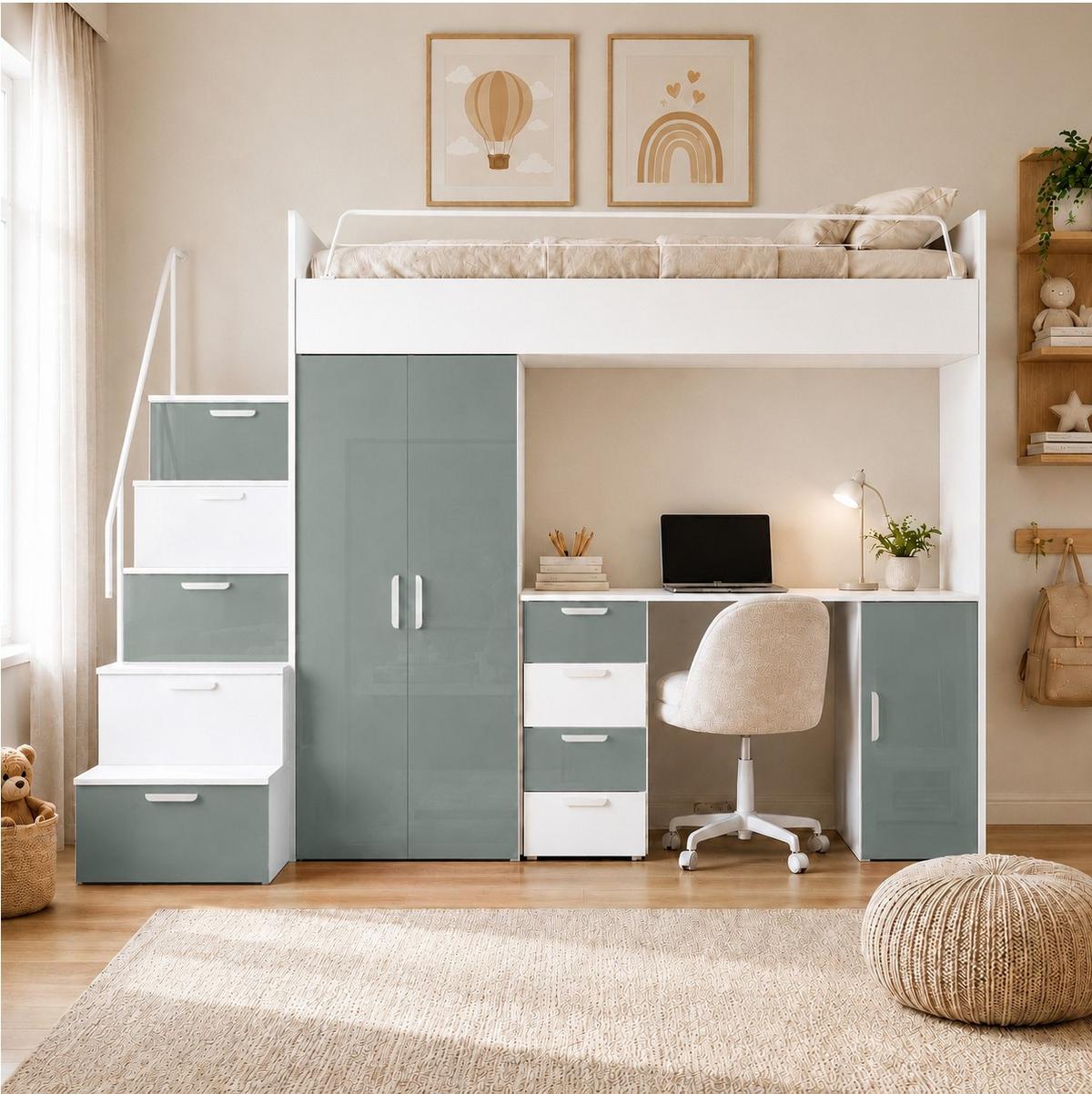 WEISSES Kinderset RAJ 4, Hochglanz - Weiß/Mintgrün, Holzwerkstoff (254/180/55cm) - Lookway
