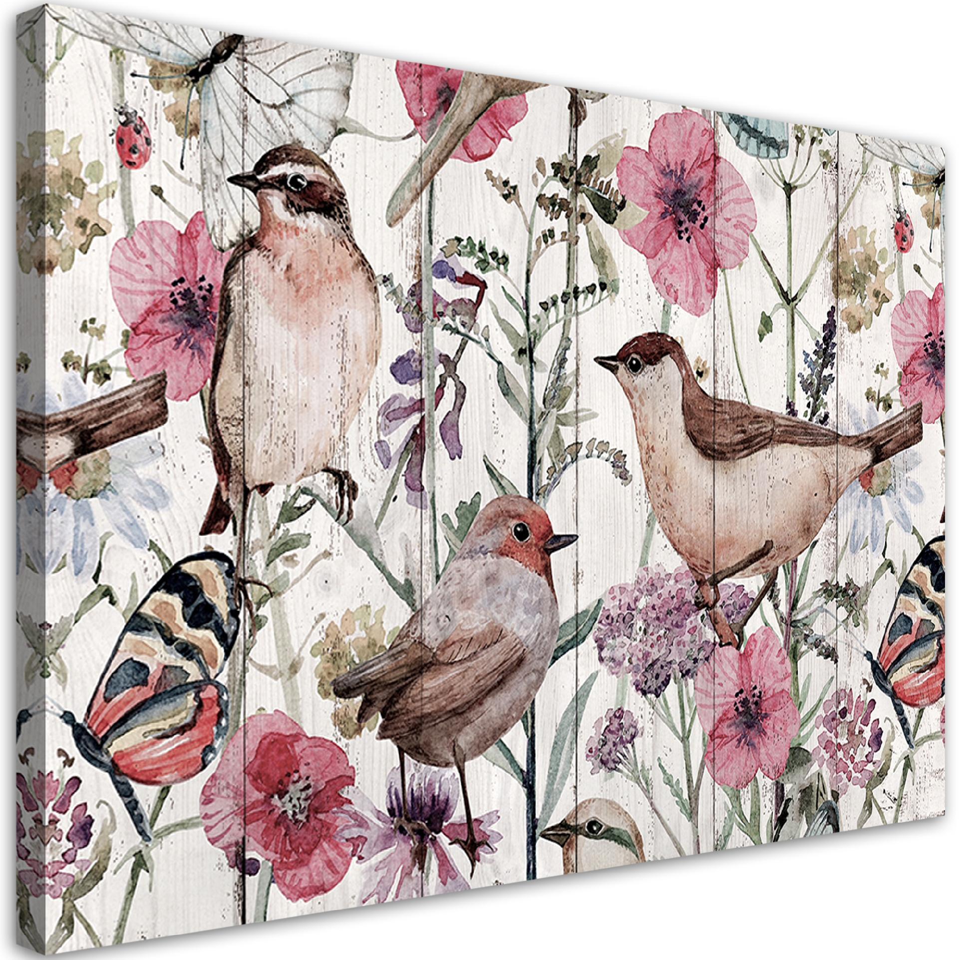 WANDBILD vögel und schmetterlinge auf der wiese - Pink, Textil (60/40cm) - Feeby