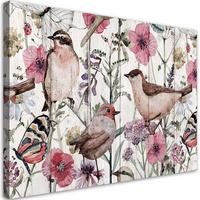 WANDBILD vögel und schmetterlinge auf der wiese - Pink, Textil (60/40cm) - Feeby