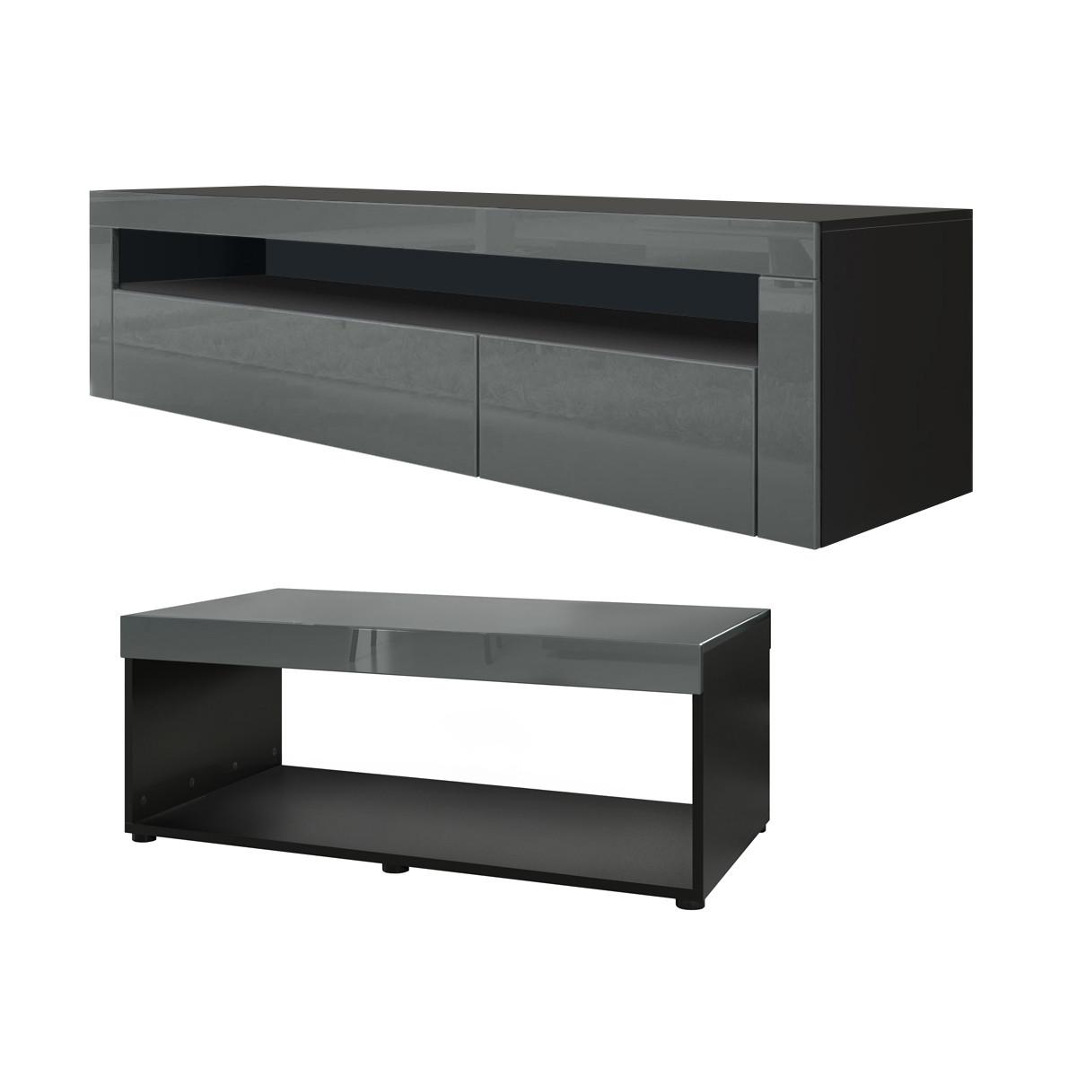 WOHNZIMMERSET Berlin Grau Hochglanz - Grau, Holzwerkstoff (155/46/40cm) - Vladon