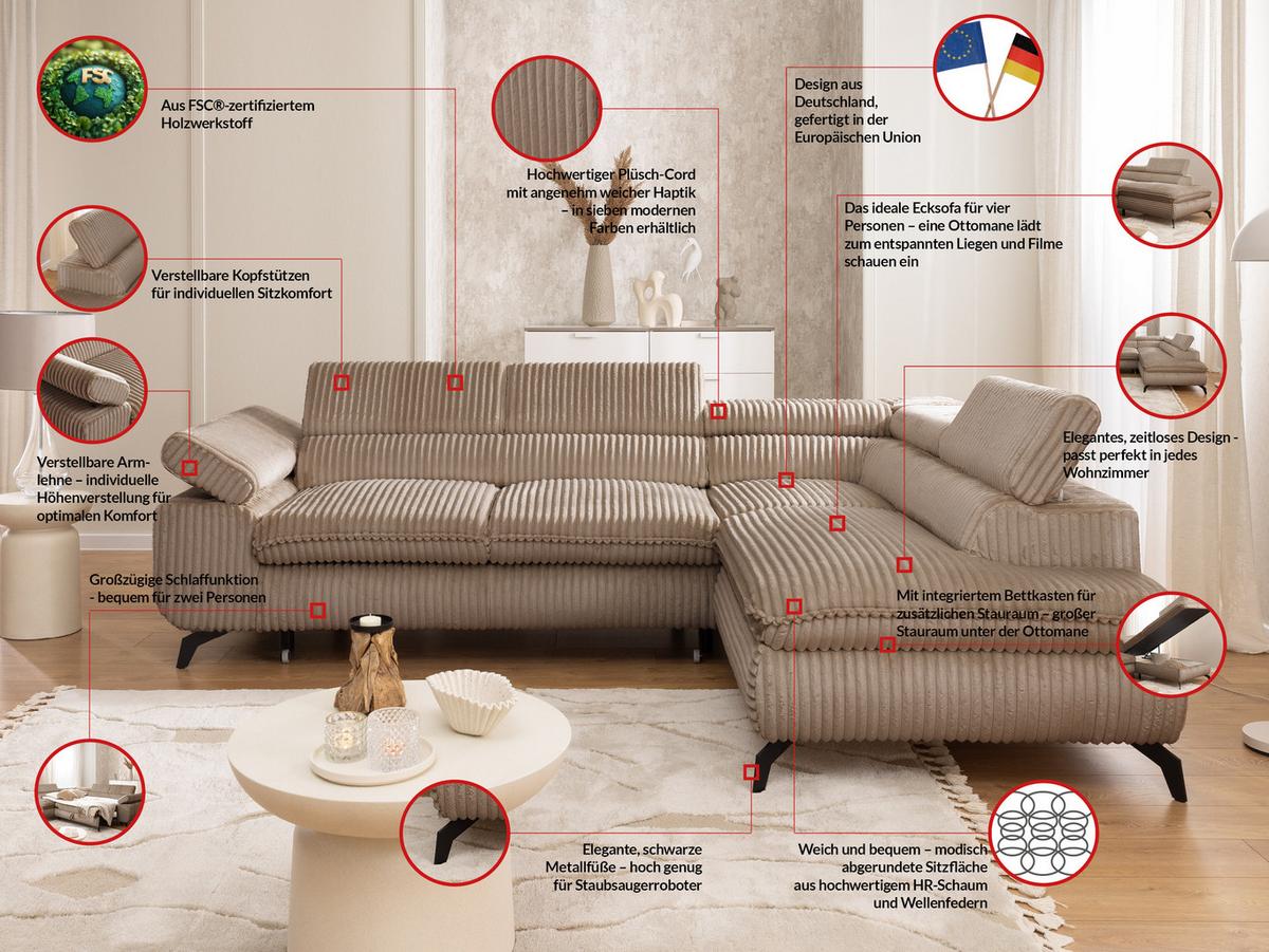 ECKSOFA mit Schlaffunktion und Bettkasten Bonnie aus Beige Cord-Stoff mit verstellbaren Kopfstützen und Armlehne - Ottomane rechts - Beige/Schwarz, Holz/Textil (275/210cm) - S-Style Möbel