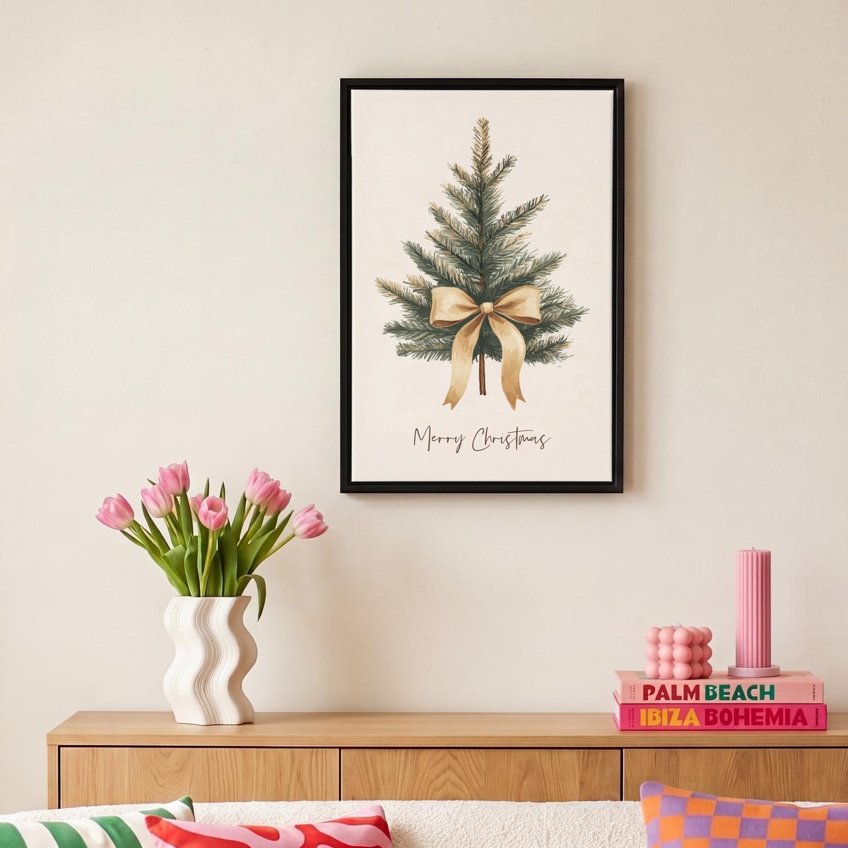 LEINWAND Bilder mit Rahmen - Weihnachtsbaum - Weihnachten - Frohe Weihnachten - Beige - 20x30 - Sandfarben, Textil (20/30cm) - MuchoWow