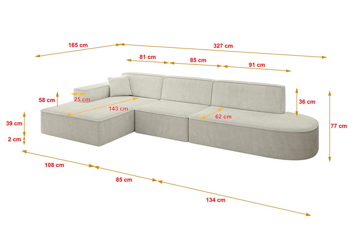 ECKSOFA Ottomane Links IREA-L2-v4 - 327x165x77 cm Creme - Ecru/Creme, Holzwerkstoff/Textil (327/165cm) - ALTDECOR