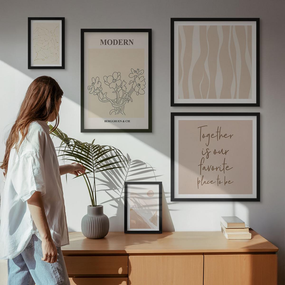 BILDER SET 5er Set - 50x50 cm & 20x30 cm & 40x60 cm Schwarzer Rahmen - Abstrakte Formen und Farben - Schwarz, Kunststoff (40/60cm) - TULUP