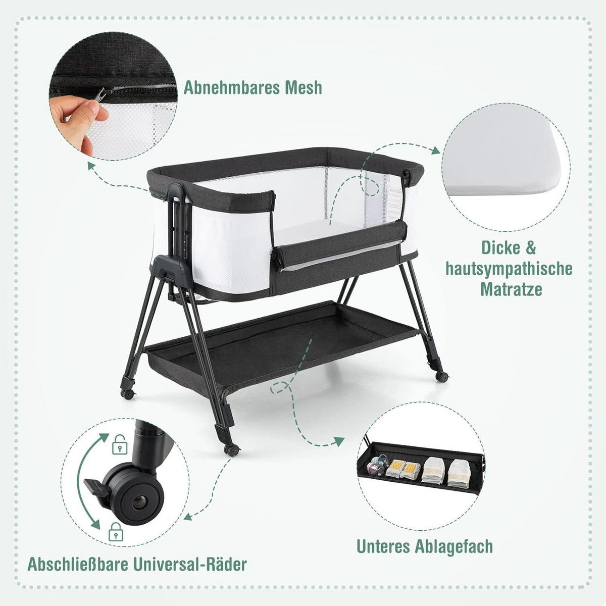 BABYBETT 2 in 1 Beistellbett Stubenwagen klappbar Grau - Grau, Metall - COSTWAY