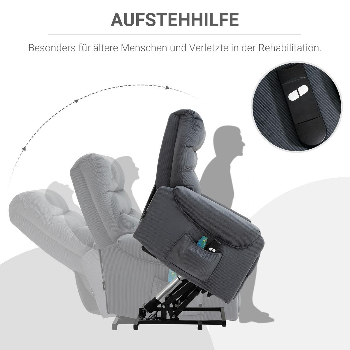 FERNSEHSESSEL Sessel mit Aufstehhilfe mit Massagefunktion Heizung Dunkelgrau - Dunkelgrau/Schwarz, Textil/Metall (93/110/83cm) - HOMCOM