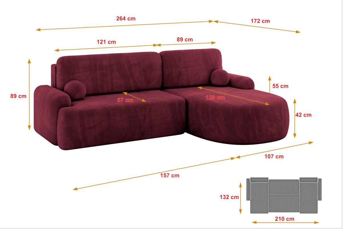 ECKSOFA mit Schlaffunktion und Bettkasten LIRA-L - 264x172x89 Bordeauxrot - Bordeaux, Holzwerkstoff/Textil (172/264cm) - ALTDECOR