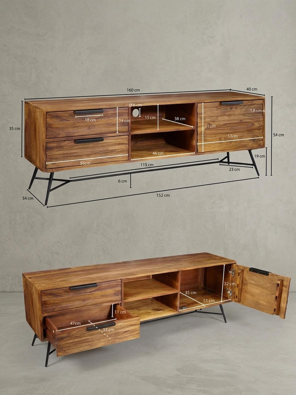 LOWBOARD Massivholz Industrial Stil 160x54x40 cm Modell NISHAN - Schwarz/Braun, Holz/Metall (160/54/40cm) - KADIMA DESIGN