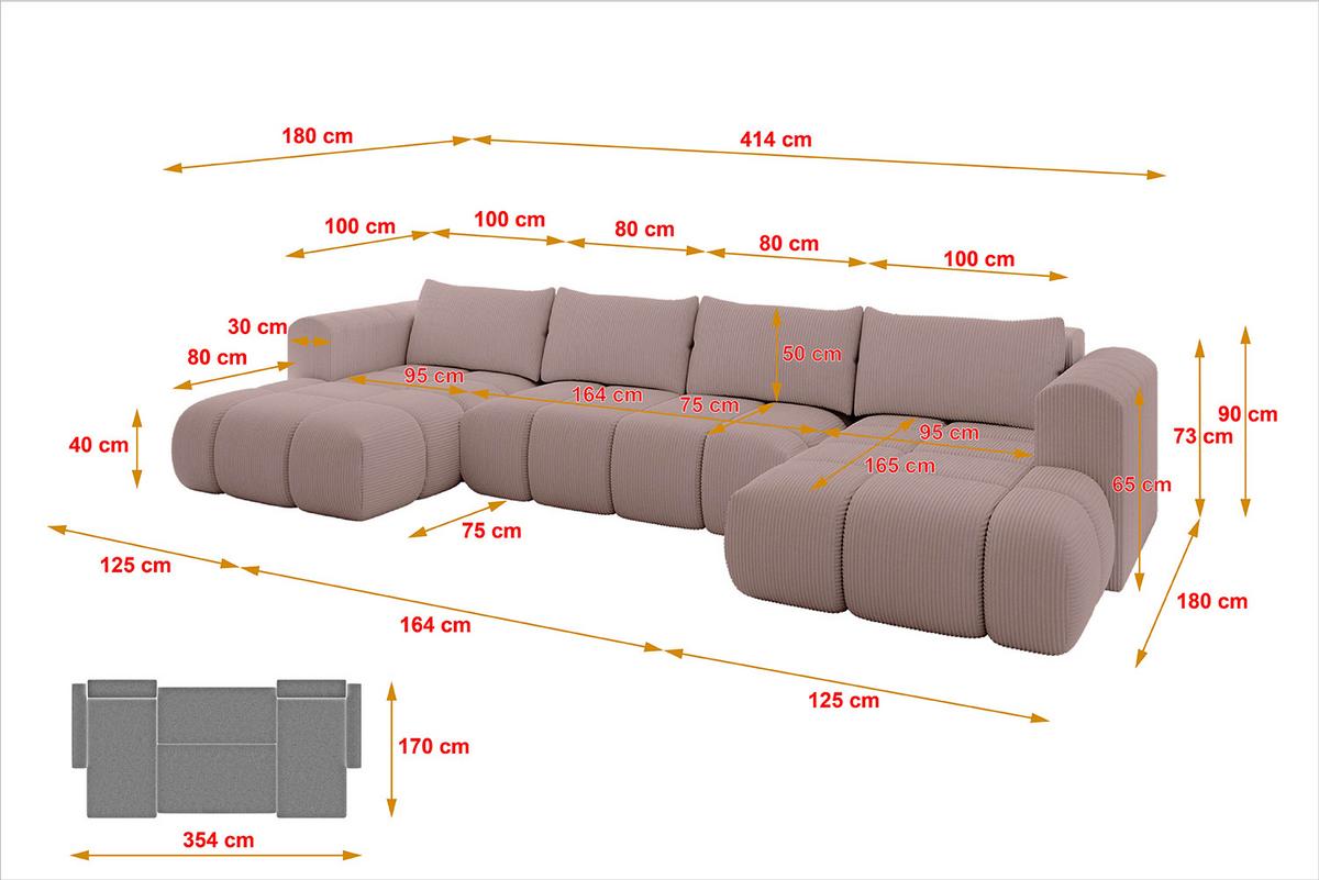 WOHNLANDSCHAFT CLOUD-U 405x185x90 Rosa Cord - Rosa, Holzwerkstoff/Kunststoff (405/90/185cm) - ALTDECOR