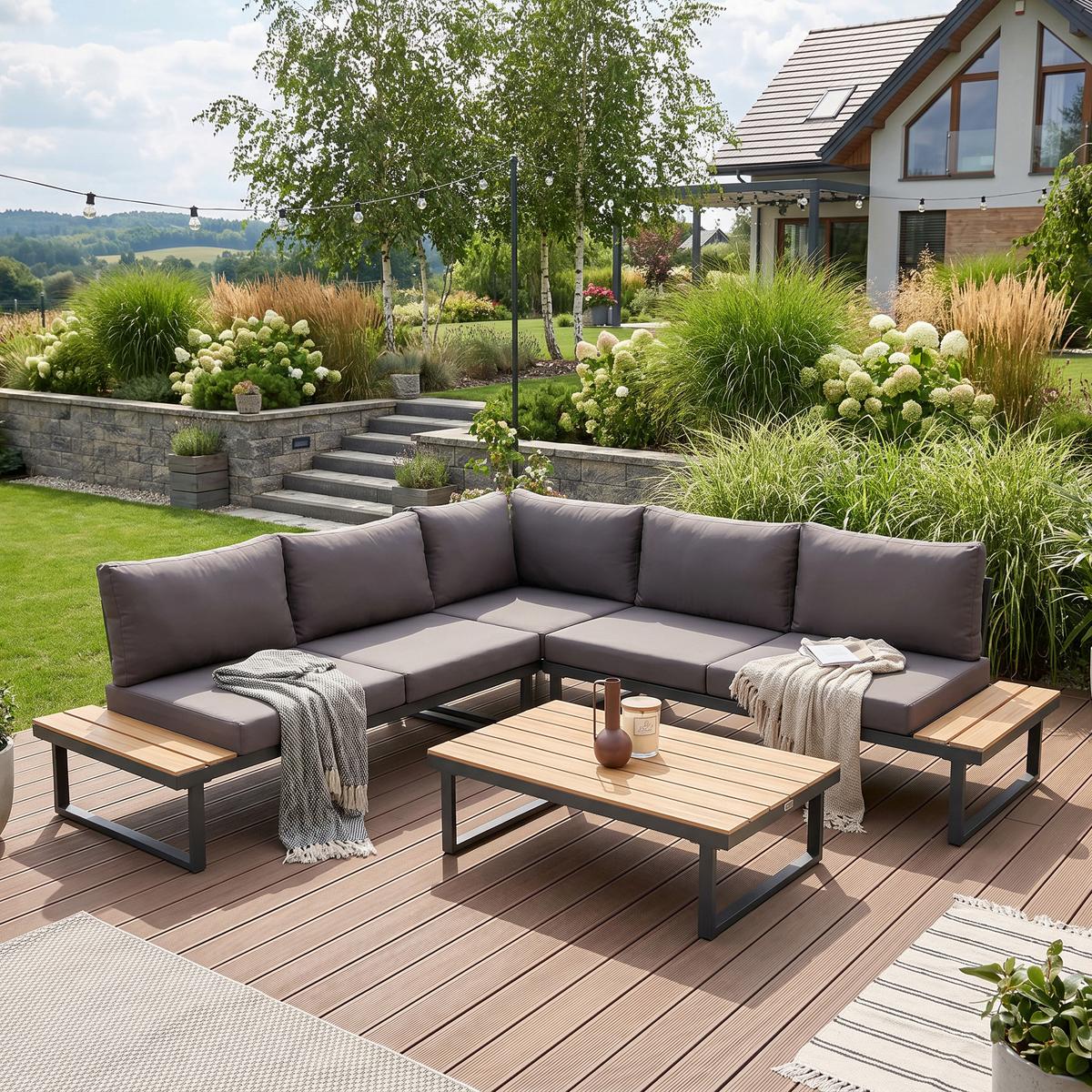 GARTENSET Madison mit Ecksofa und Kaffeetisch, Modulares Set, Metallbeine, Dunkelgrau - Dunkelgrau, Metall - Beautysofa