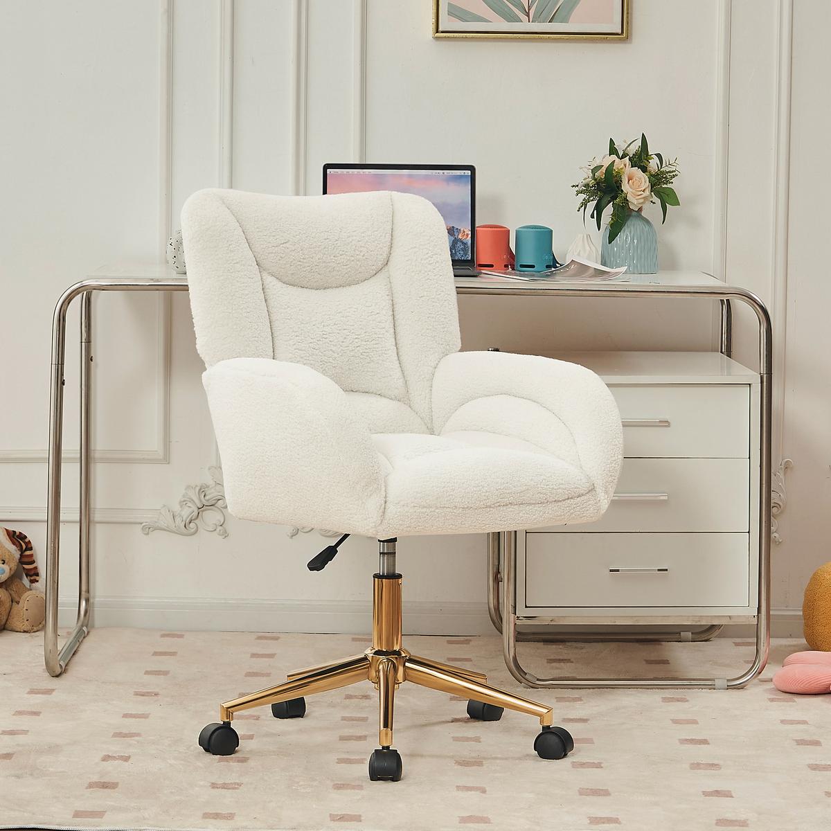 BÜROSTUHL teddy-stoff weiß & gold, höhenverstellbar & 360° drehbar - Weiß, Textil (64/92.5/62cm) - Urban Meuble