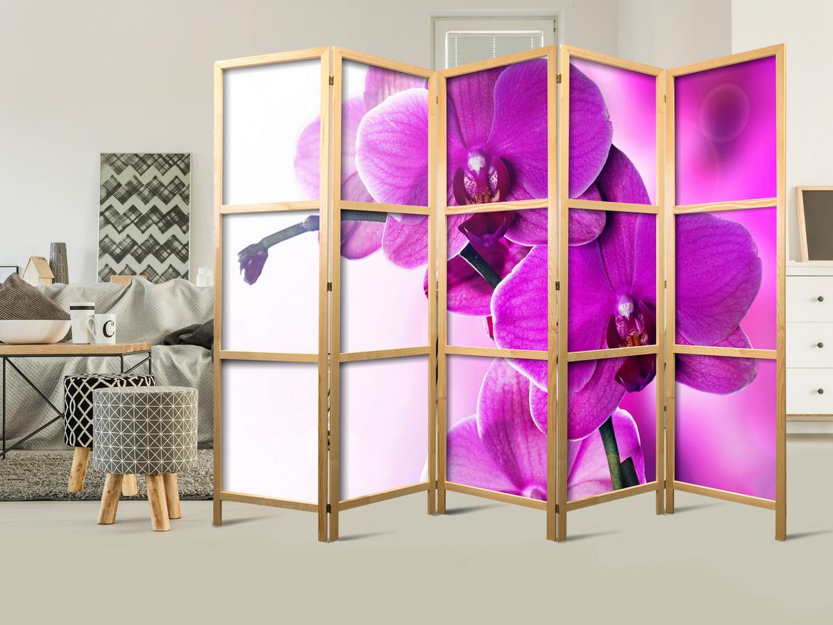 PARAVENT Japanischer 5-tlg 225x172 cm Orchideen Natur - Rosa, Holz/Textil (225/172/3cm) - Muralo