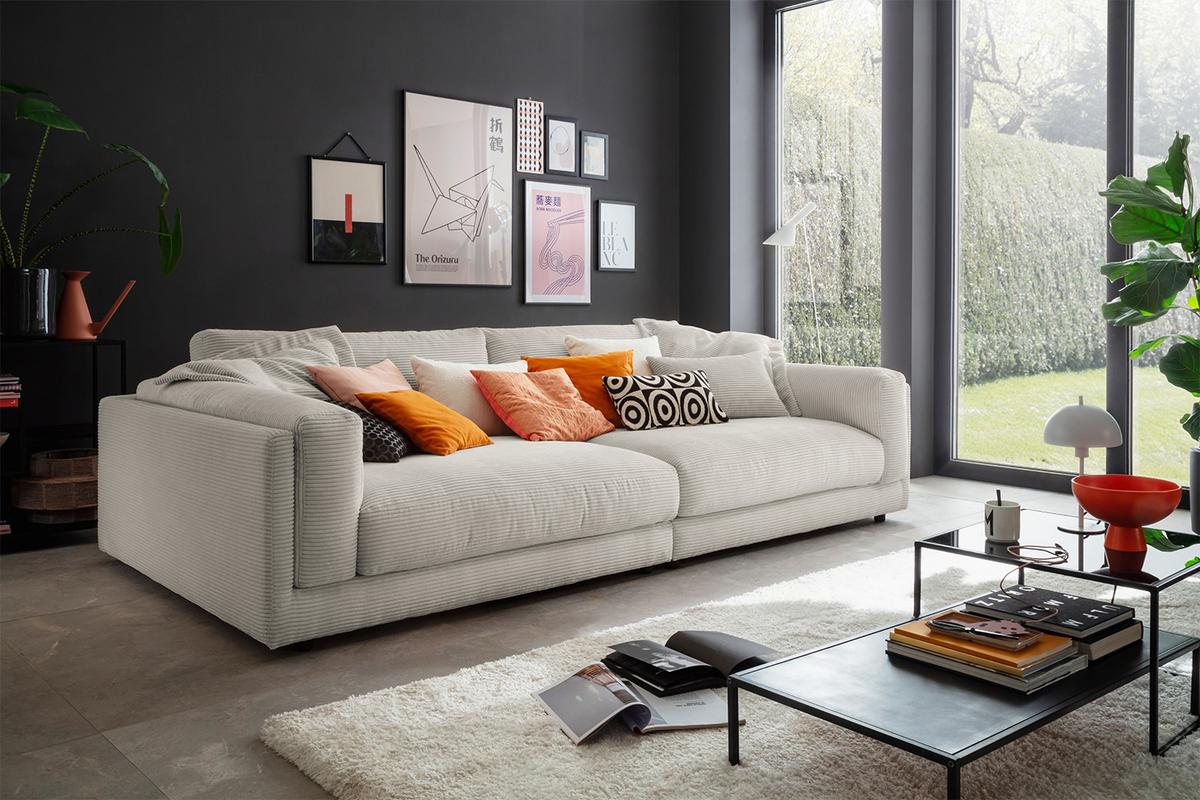 BIG SOFA RAINA Steingrau Cord - Greige/Schwarz, Kunststoff/Textil (254/85/150cm) - KAWOLA
