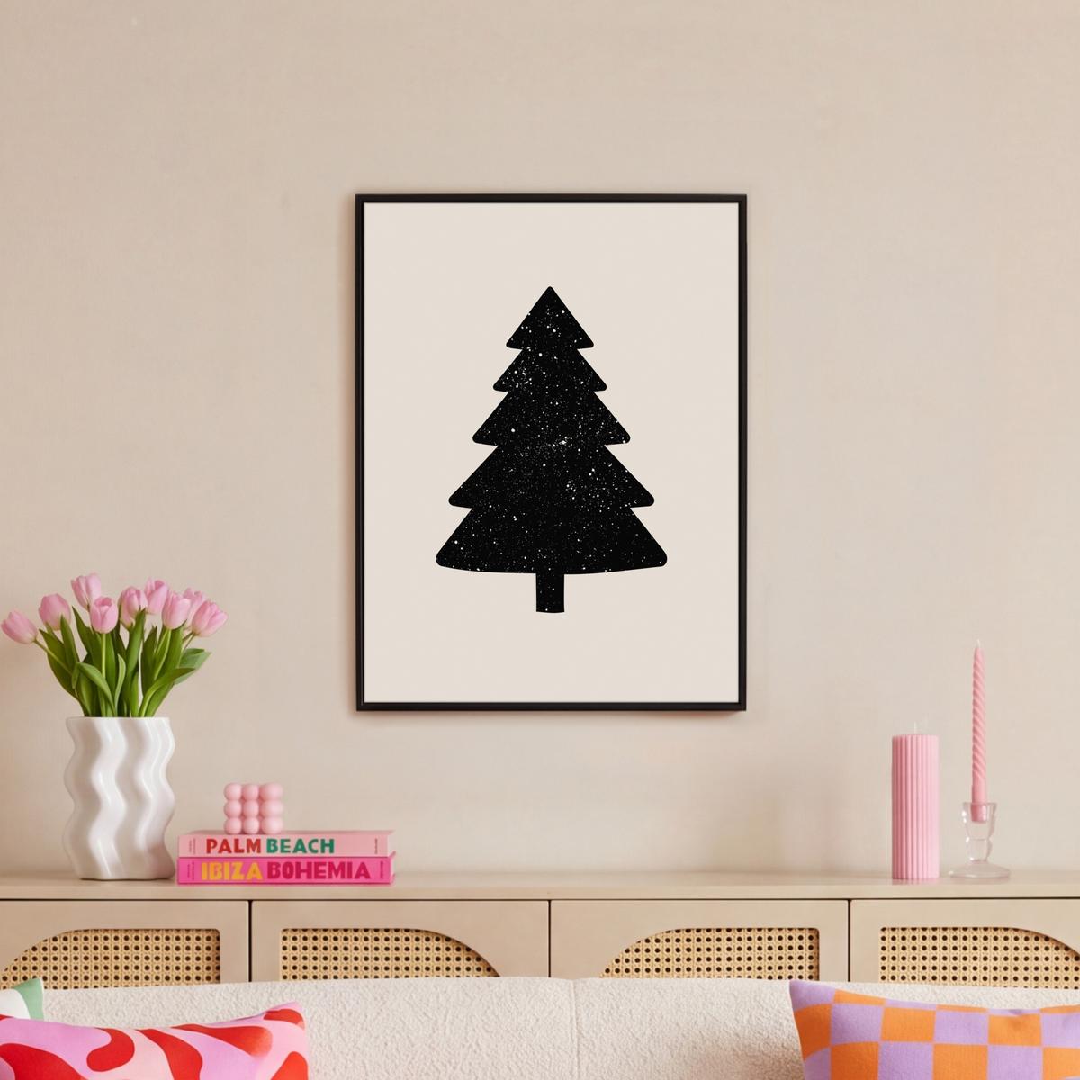 LEINWAND Bilder mit Rahmen - Weihnachtsbaum - Schwarz - Urlaub - Beige - 50x70 - Schwarz, Textil (50/70cm) - MuchoWow