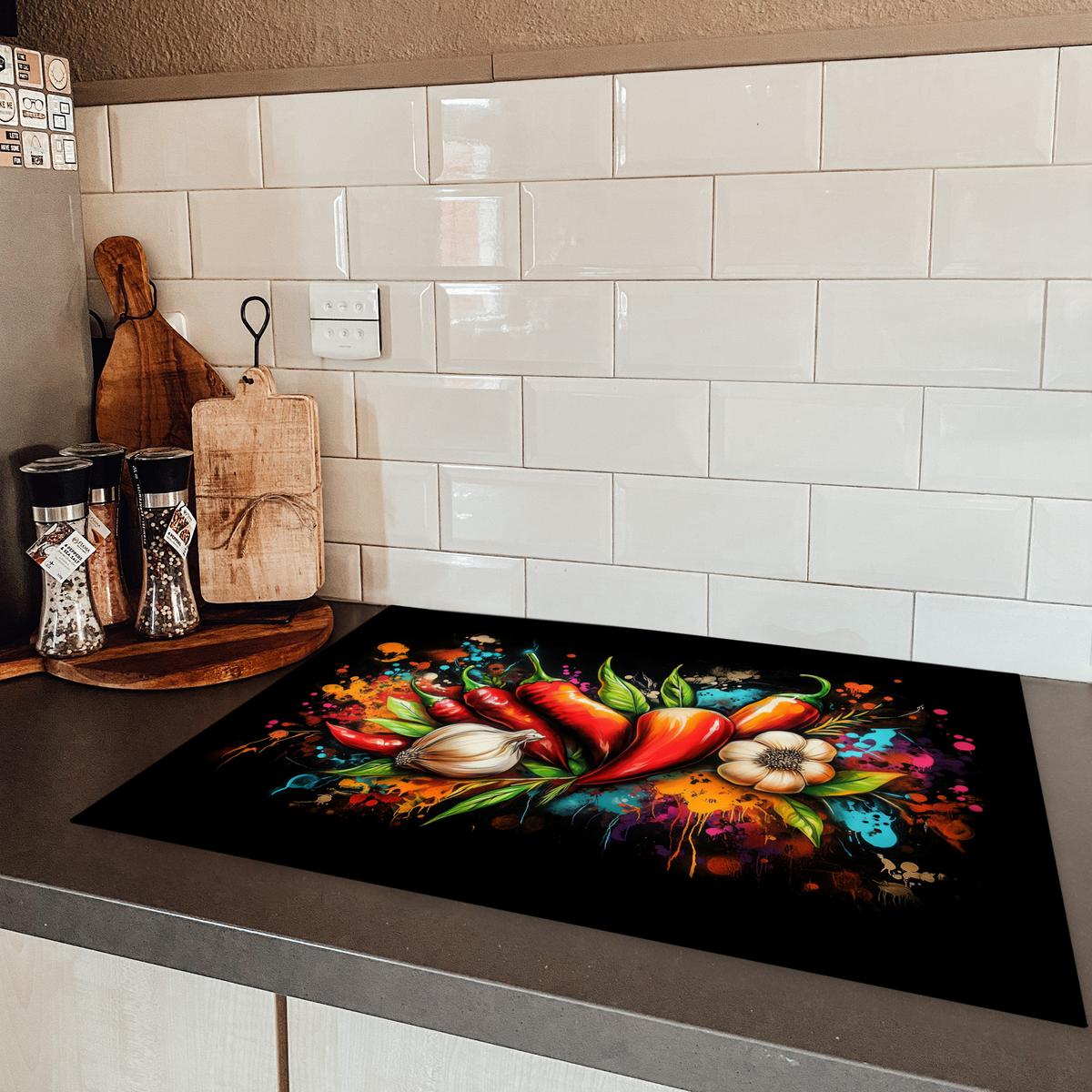 HERDABDECKPLATTE Gemüse - Paprika - Knoblauch - Graffiti - Farbe - Bunt Herdabdeckung Induktionsfeld 75x52 cm - Rot, Kunststoff (75/52/0.2cm) - MuchoWow