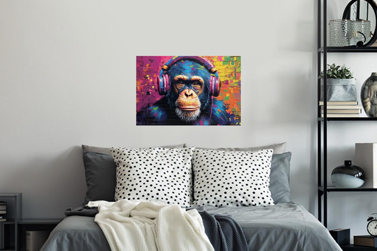 WANDTATTOO Graffiti - Schimpanse - Straßenkunst - Kopfhörer - Affe Deko Wohnzimmer 60x40 cm - Blau, Kunststoff (60/40/0.1cm) - MuchoWow
