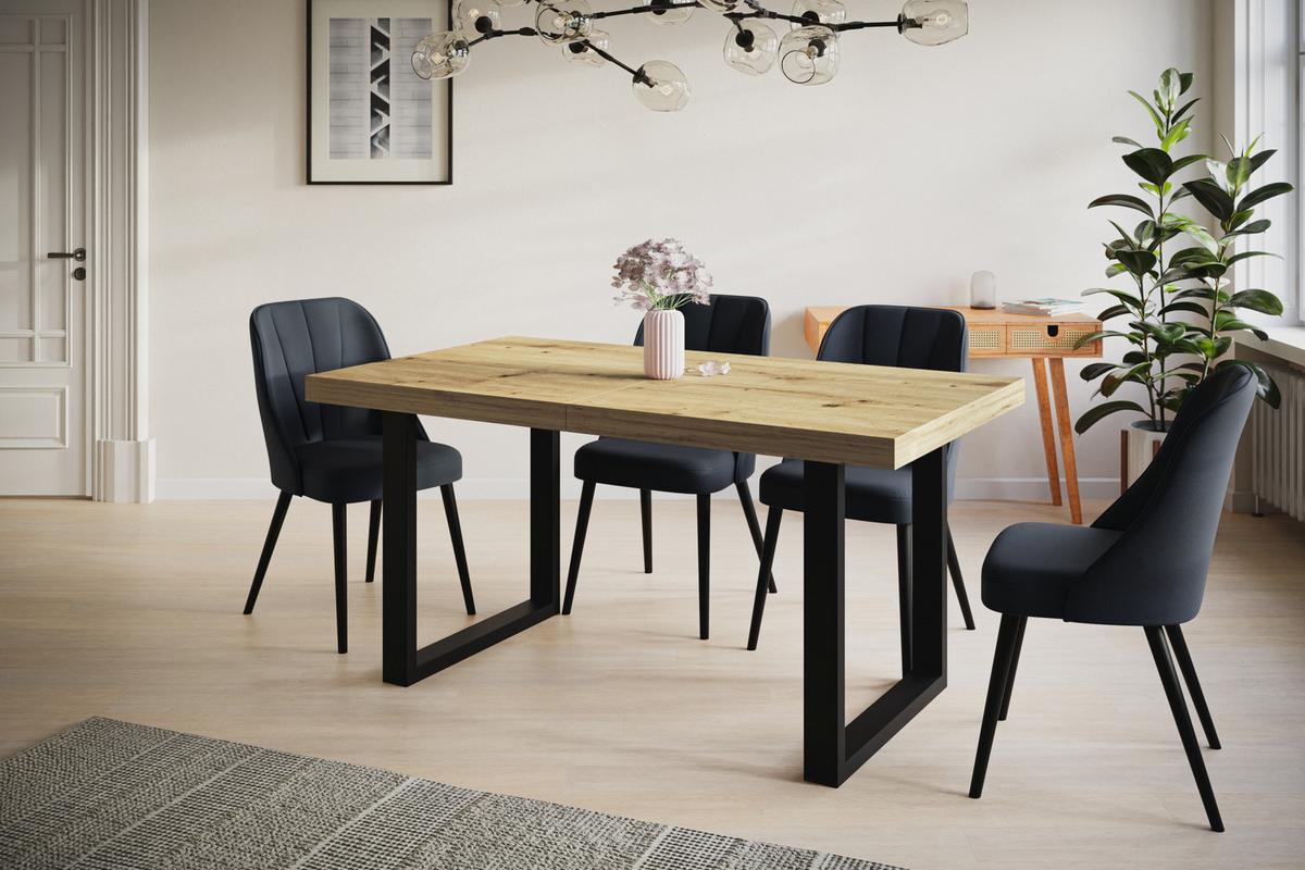 INDUSTRIELLER Esszimmertisch LOFT-U, ausziehbarer Tisch, Größe: 140-240X80X77 cm, Wohnzimmertisch Farbe: ARTISAN, mit Metallbeinen in Farbe Schwarz - Hellbraun/Schwarz, Holzwerkstoff (140/80/77cm) - Alpi-Möbel