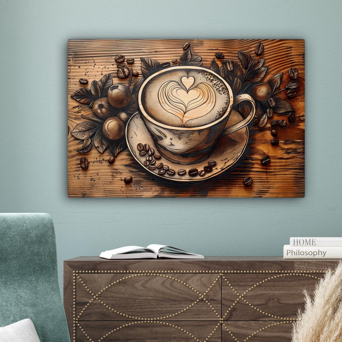 LEINWANDBILD Kaffee - Vintage - Braun - Tasse - Holz Gemälde 60x40 cm - Braun, Textil (60/40cm) - MuchoWow