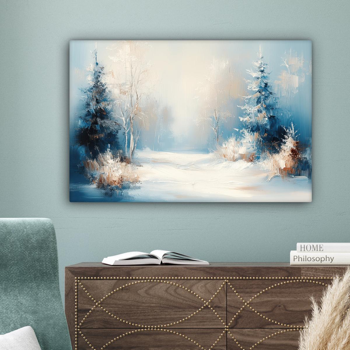 LEINWANDBILD Wald - Winter - Natur - Abstrakt - Schnee Gemälde 60x40 cm - Weiß, Textil (60/40cm) - MuchoWow